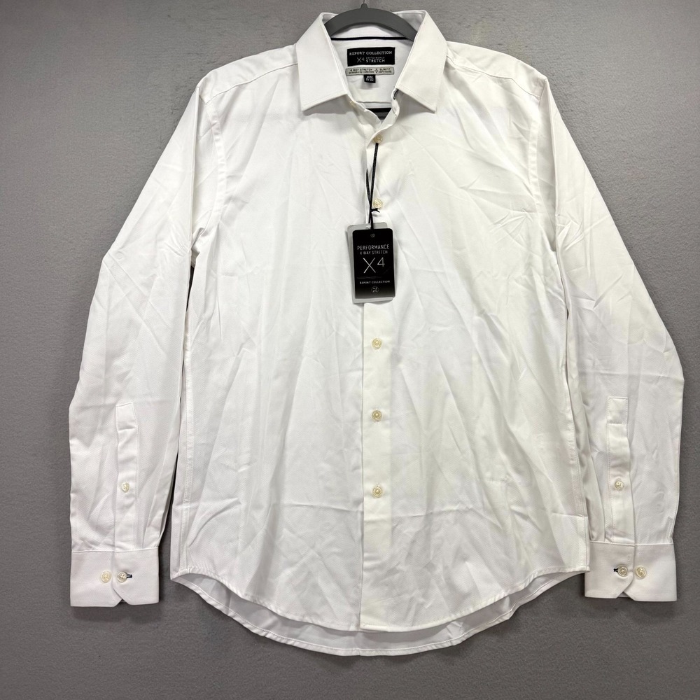 Report Collection Dress Shirt Mens M 15.5 White X4 Performance Stretch Slim Fit